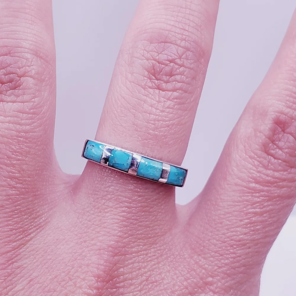 1 Carat Kingman Turquoise Inlay 925 Sterling Silver Band Ring